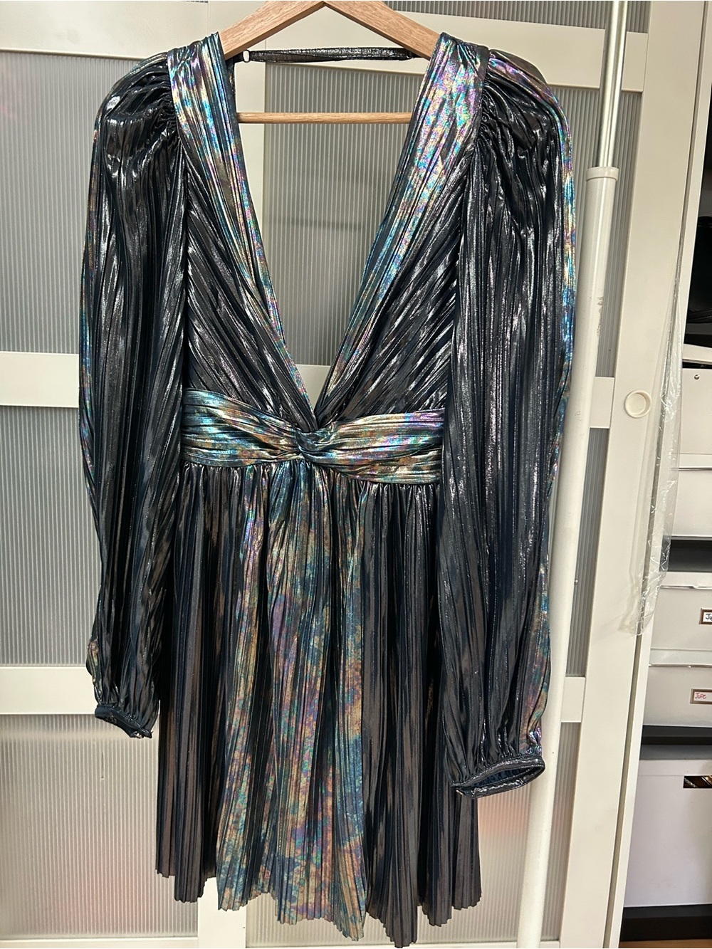 Sabina Musayev Iridescent Black Metallic Pleated Long Sleeve Dress